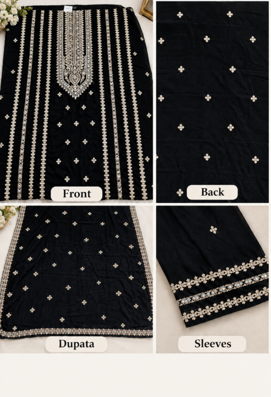 Black embroidered velvet 3-piece unstitched suit with multicolor neckline embroidery, matching velvet dupatta, and trousers.