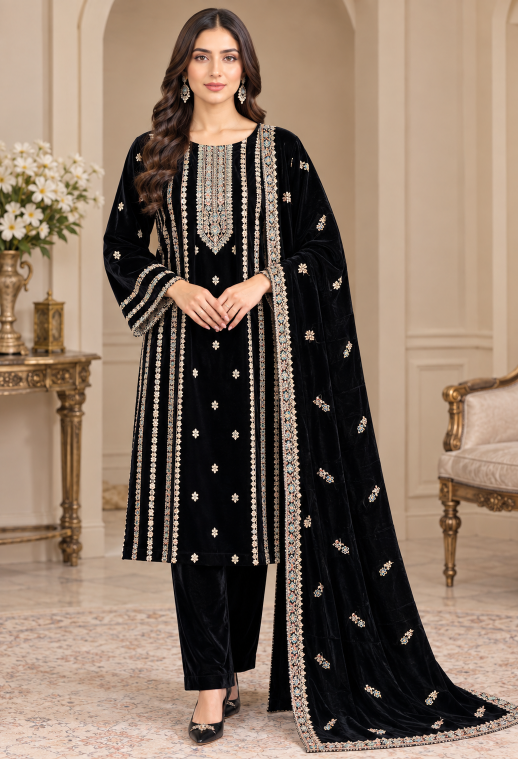 Black velvet embriodered 3pc suit Black embroidered velvet 3-piece unstitched suit with multicolor neckline embroidery, matching velvet dupatta, and trousers.
