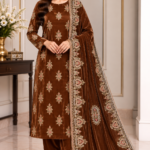 Brown velvet embroidered 3 piece suit with matching trousers and embroidered velvet dupatta