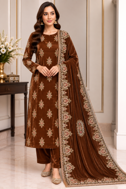 Brown velvet embroidered 3 piece suit with matching trousers and embroidered velvet dupatta