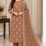 Brown velvet embroidered 3 piece suit with matching trousers and embroidered velvet dupatta