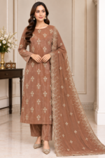 Brown velvet embroidered 3 piece suit with matching trousers and embroidered velvet dupatta