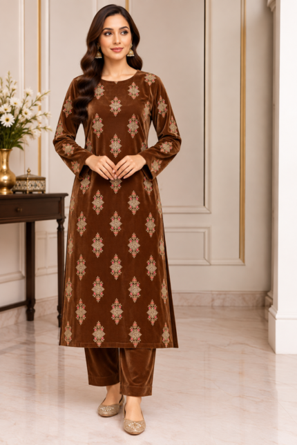 Brown velvet embroidered 3 piece suit with matching trousers shown in front pose without dupatta