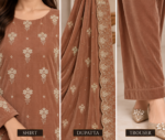 Closeup of brown velvet embroidered shirt, matching velvet dupatta and trouser