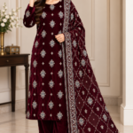 Burgundy velvet embroidered 3 piece suit with matching trousers and detailed embroidered shawl