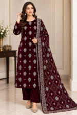 Burgundy velvet embroidered 3 piece suit with matching trousers and detailed embroidered shawl