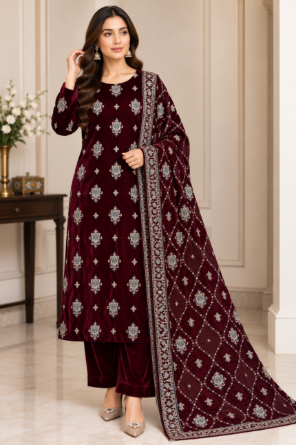 Burgundy velvet embroidered 3 piece suit with matching trousers and detailed embroidered shawl