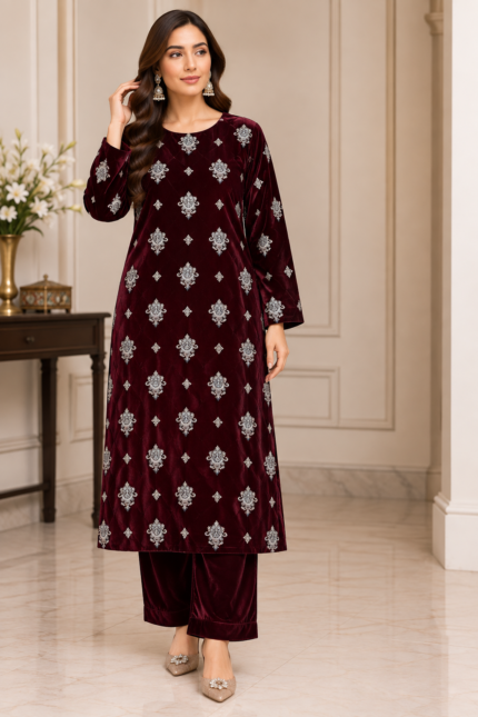 Woman wearing a burgundy velvet embroidered shirt and matching trousers in a front pose without shawl