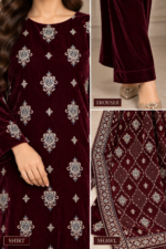 Closeup of burgundy velvet embroidered shirt, matching trouser and detailed patterned shawl