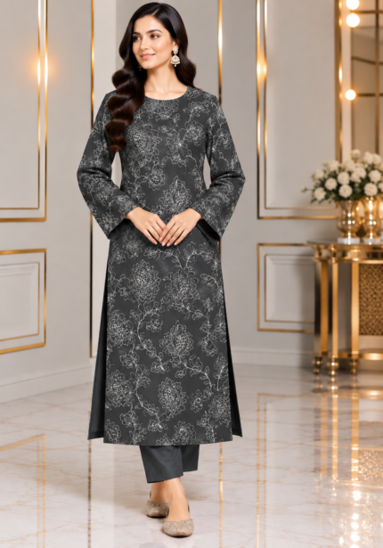 Charcoal black silk embroidered 3 piece unstitched suit with floral shirt and matching trousers