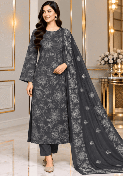 Charcoal black silk embroidered 3 piece suit with floral embroidered chiffon dupatta