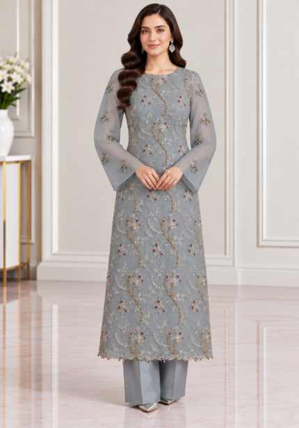 Grey blue chiffon handwork 3 piece suit front pose without dupatta