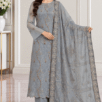 Grey blue chiffon handwork suit with embroidered dupatta