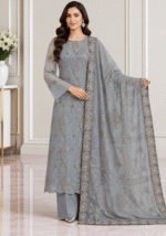 Grey blue chiffon handwork suit with embroidered dupatta