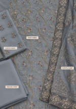 Grey blue chiffon suit handwork fabric shirt sleeves trouser and dupatta closeup