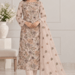 Cotton net handmade 3 piece suit with floral embroidery