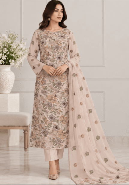 Cotton net handmade 3 piece suit with floral embroidery