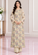 Cream chiffon 3 piece handwork suit front pose without dupatta
