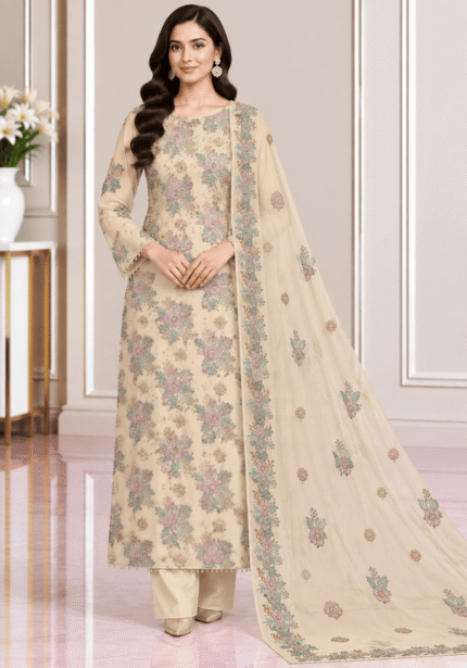 Cream chiffon handwork 3 piece suit with embroidered dupatta