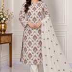 Cream embroidered 3 piece Pakistani suit with mauve floral chiffon dupatta