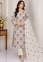 Cream embroidered 3 piece Pakistani suit with mauve floral chiffon dupatta
