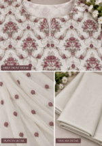 Closeup of cream embroidered shirt mauve floral dupatta and matching trousers