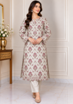 Cream embroidered Pakistani 3 piece suit with mauve floral motifs front view