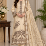 Cream silk embroidered 3 piece suit with floral embroidery, matching trousers and embellished dupatta