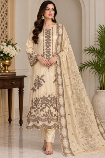 Cream silk embroidered 3 piece suit with floral embroidery, matching trousers and embellished dupatta