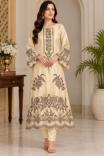 Cream silk embroidered suit front pose without dupatta featuring floral embroidery and embellished sleeves