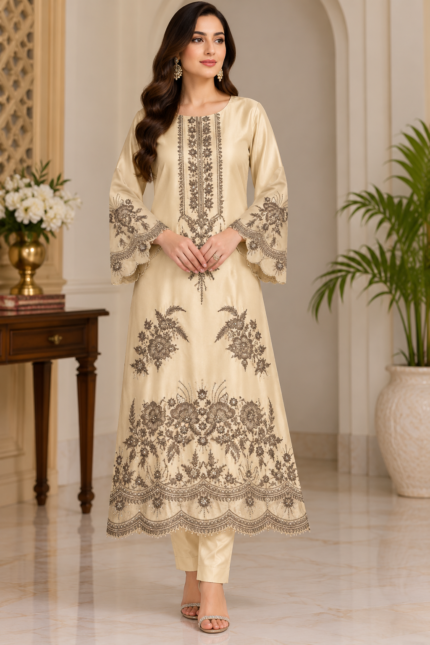 Cream silk embroidered suit front pose without dupatta featuring floral embroidery and embellished sleeves
