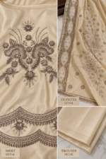 Closeup of cream silk shirt with intricate brown floral embroidery and embellished hem