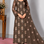 Dark brown embroidered chiffon 3 piece unstitched Pakistani suit with matching chiffon dupatta