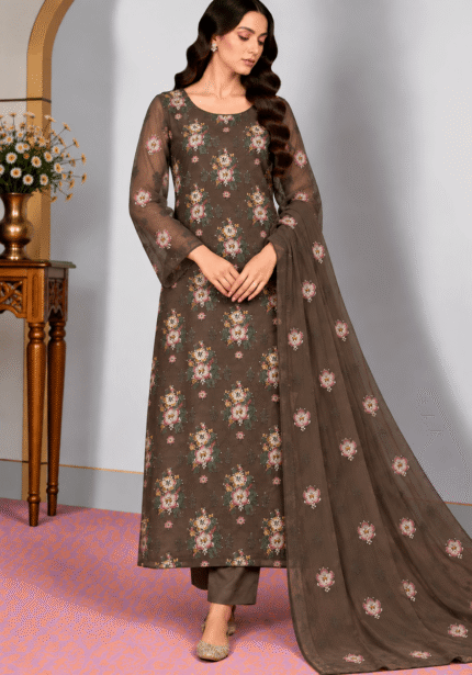 Dark brown embroidered chiffon 3 piece unstitched Pakistani suit with matching chiffon dupatta