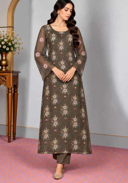 Dark brown floral embroidered chiffon shirt with matching trousers without dupatta