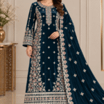 Dark teal velvet handwork suit with embroidered velvet shawl