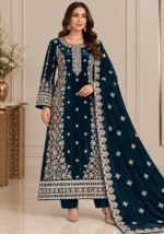 Dark teal velvet handwork suit with embroidered velvet shawl