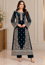 Dark teal velvet handwork suit with embroidered shirt and sleeves