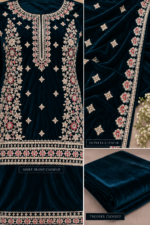 Dark teal velvet shirt with intricate floral handwork embroidery closeup