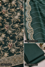 Closeup of deep emerald green net shirt embroidered dupatta and trouser fabric