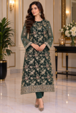 Deep emerald green net 3-piece unstitched suit with embroidered shirt front