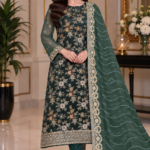 Deep emerald green net unstitched suit with embroidered matching dupatta