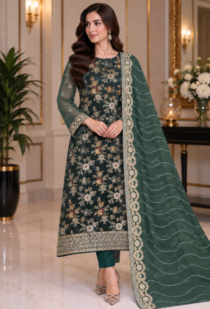 Deep emerald green net unstitched suit with embroidered matching dupatta