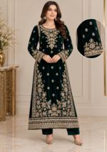 Deep emerald green velvet shirt with intricate gold handwork embroidery