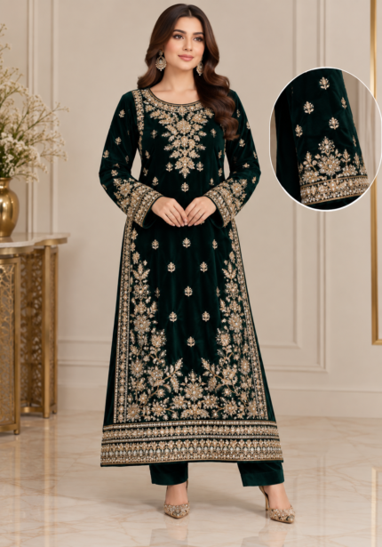Deep emerald green velvet shirt with intricate gold handwork embroidery