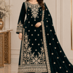 Deep emerald green velvet handwork suit with embroidered shawl
