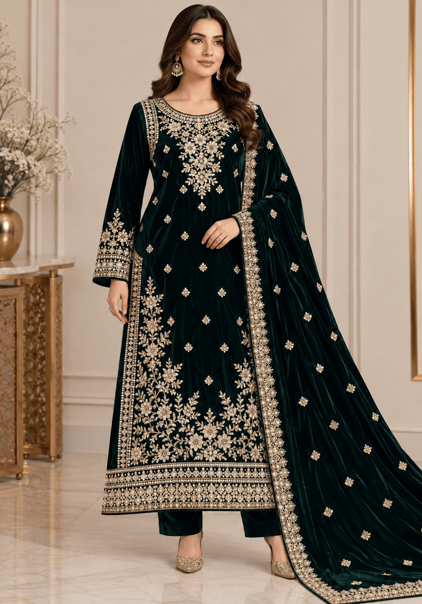 Deep Emerald Green Velvet Handwork Suit With Shawl Deep emerald green velvet handwork suit with embroidered shawl