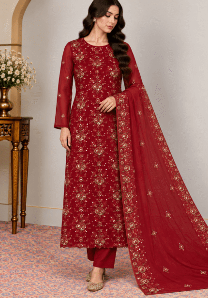 Deep maroon embroidered 3 piece Pakistani suit with matching chiffon dupatta