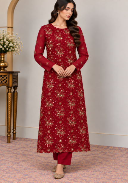 Deep maroon floral embroidered Pakistani suit without dupatta