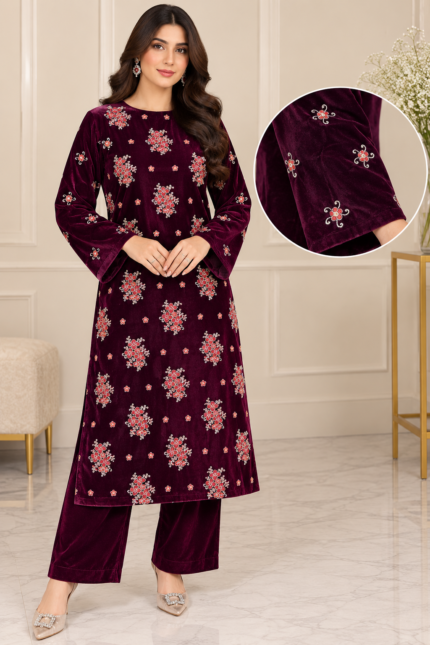 Deep maroon velvet 3 piece suit front view with floral embroidered shirt and matching trousers without dupatta